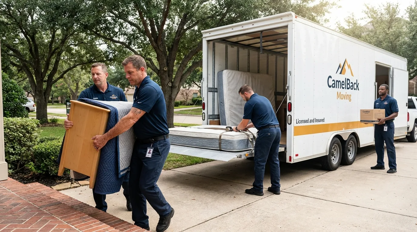 Crew loading residential truck for cross-state move from Mishicot, WI