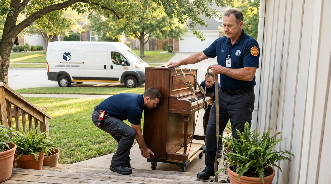 Licensed piano movers securing grand piano in Mishicot, WI