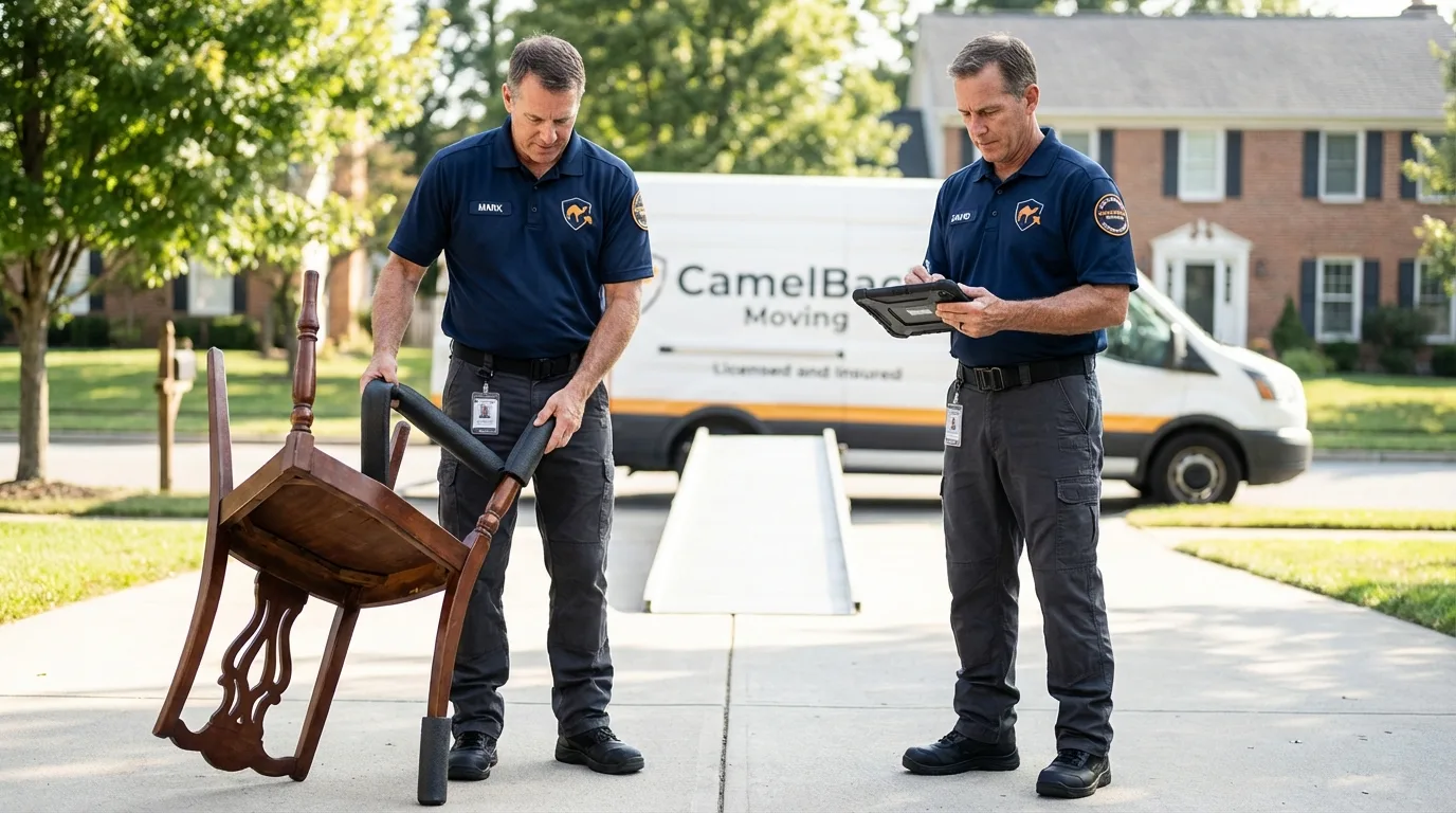 Movers inspecting furniture for damage prevention before loading in Mishicot, WI